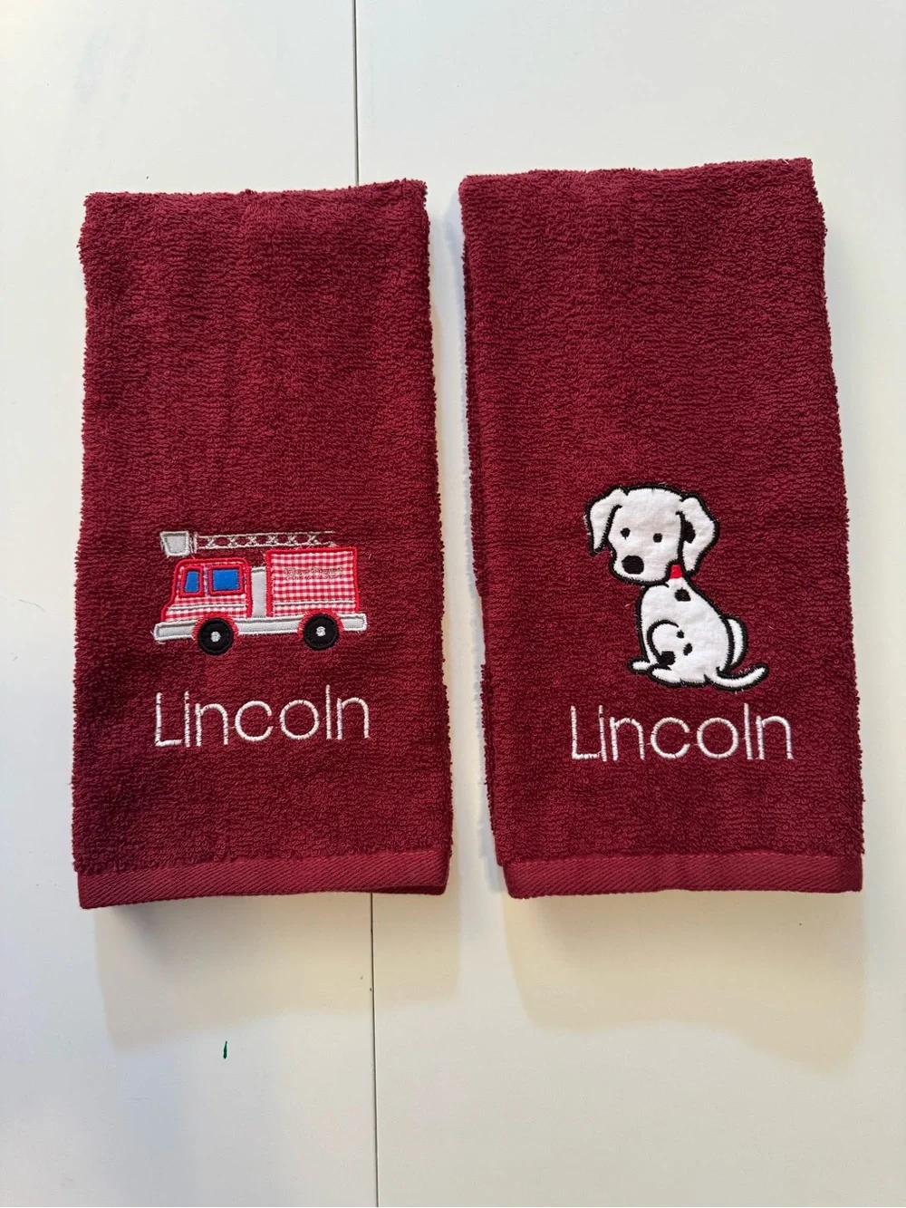 Personalized  Kids Hand Towels - Burgundy with Fire Truck & Dalmatian
